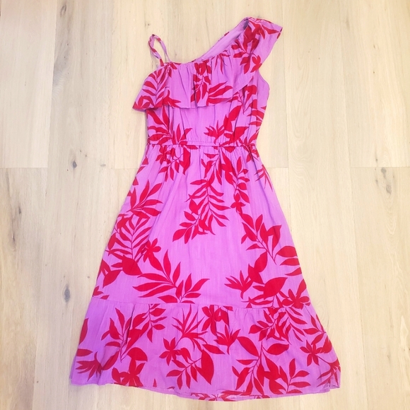 One shoulder pink & red hawaiian print sundress Size Large - Picture 9 of 9